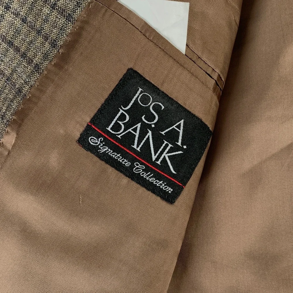 Jos A Bank Blazer Jacket Men 44L Brown Check Linen Silk Wool Sport Coat Chelsea
